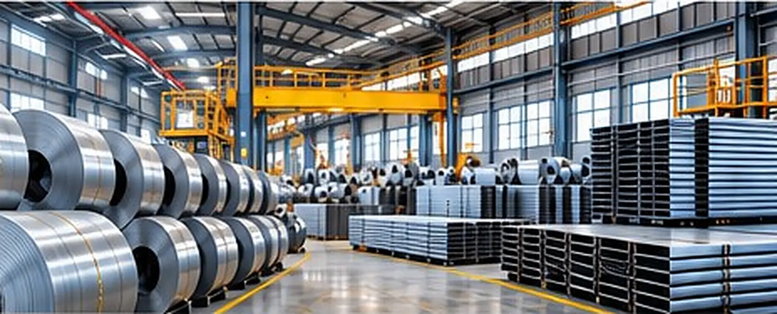 Thép tấm và thép cuộn xếp theo từng quy cách trong kho, có đánh dấu mác thép